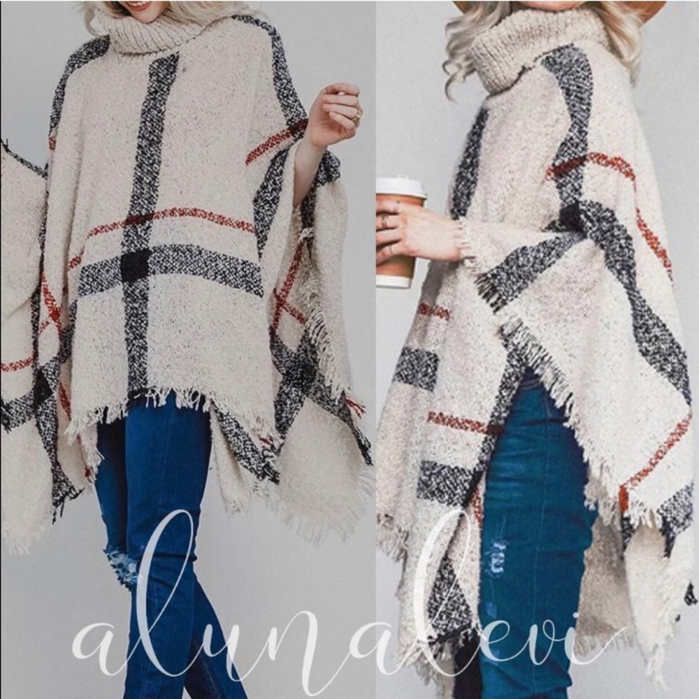 ‼️1 LEFT‼️ Cream Plaid Poncho - Picture 2 of 2